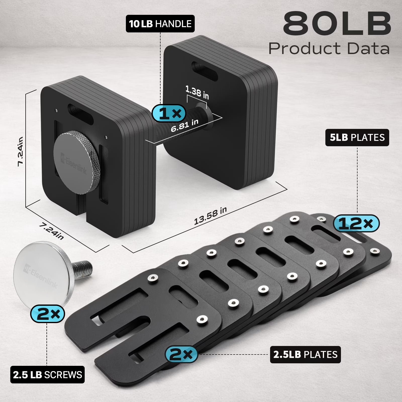 ARVIVO 2PCS 10-80lb Adjustable Dumbbell Set,5lb Increments & 10lb Handle,Quick-Lock Square Weight Dumbbells for Home Gym