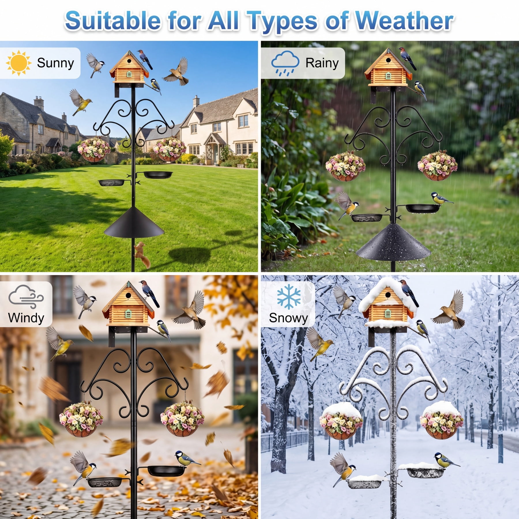 Heavy Duty Bird Feeder Pole,92 Inch Squirrel Proof Adjustable Bird Feeding Station,8 Shepherd Hooks for Feeder Stand, Includes Water Bowl and Mesh Tray,for Outdoor Garden & Yard
