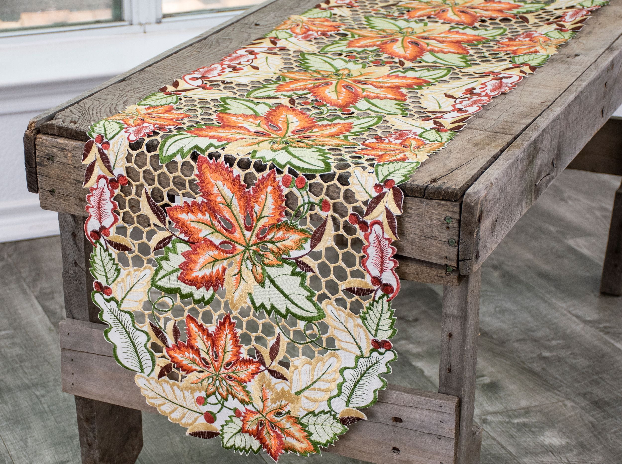 Fall and Autumn Cutwork Colorful Maple Leaf Table Runner, Dresser Scarf (15Wx52L)