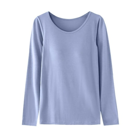 Tiqkatyck Womens Tops Clearance  Women  s Long Sleeve T Shirt Pajama Tops Padded Casual Tops with In Bra Basic T Shirts Fall Shirts for Women 2024  Pullover Sweatshirts for Women Blue XXXL