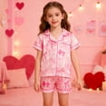 thumbnail image 2 of Toddler Girls Silk Pajamas Set Bowknot Print Short Sleeve Button Down Sleepwear with Shorts Set Holiday Pajamas Toddler Pjs for Girls Size 2-3 Years, 2 of 9