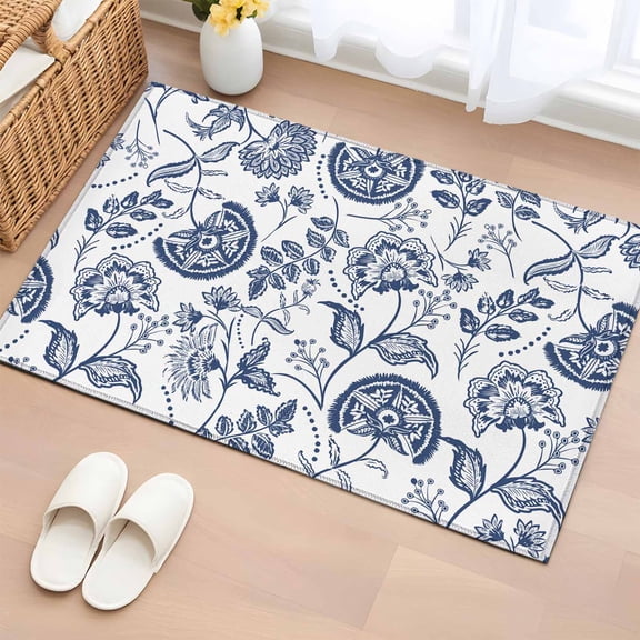 Boho Blue Floral Bathroom Mats 2x3 FT,Non Slip Small Kitchen Mat,Vintage Farmhouse Paisley Plant Leaf Washable Soft Backed Front Door Throw Rugs Non-Shedding Indoor Outdoor Doormat for Entryway Sink