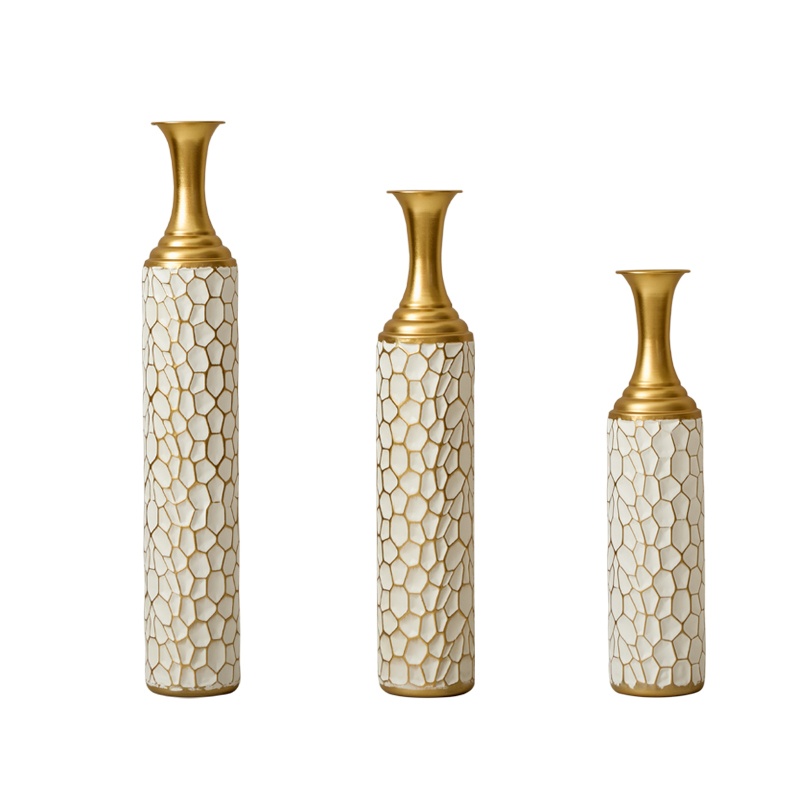 Aukfa Metal Decorative Tall Floor Vase,Set of 3 Large glazed Vases,24.41"/ 29.92"/33.46" H,Gold