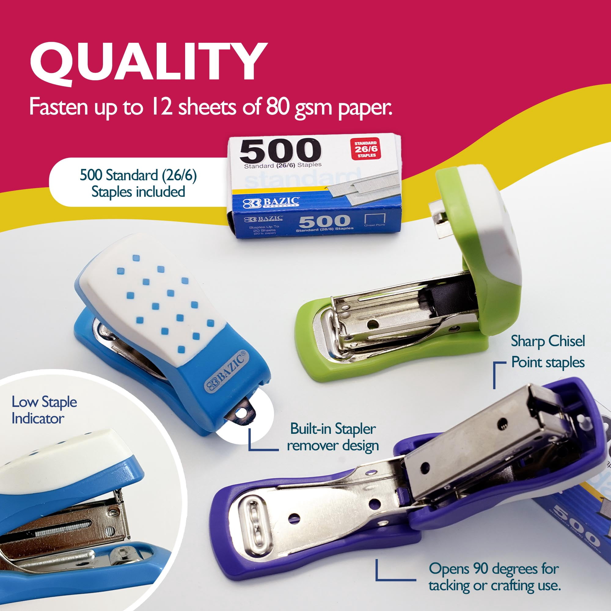 BAZIC Mini Cushion Grip Standard (26/6) Stapler w/ 500 Ct. Staples