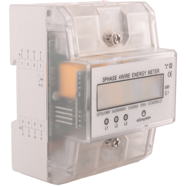 Symkmb Electricity Meter 3 Phasig 4 Ladder, Power Meter Hutschiene with LCD Display, Digital