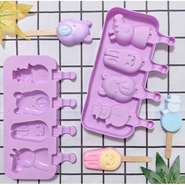 Molde de silicona rectangular creativo de 4 cavidades: formas de cerdo, conejo, oso y muñeco de nieve, perfecto for hacer paletas heladas y helados de verano