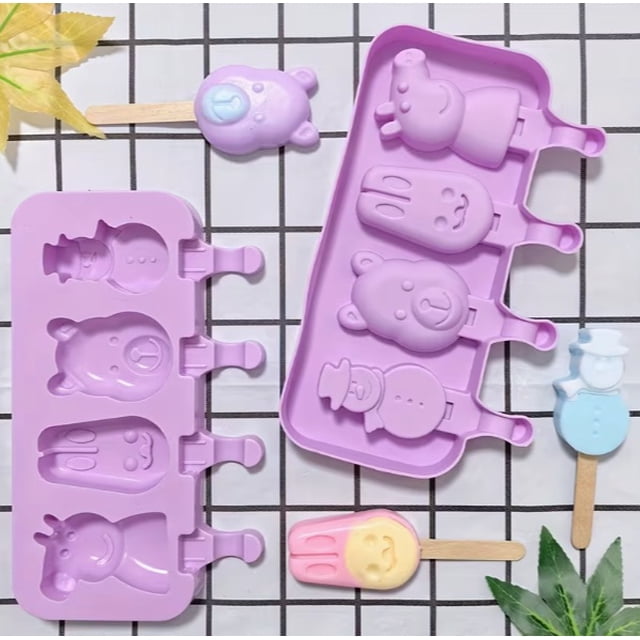 Molde de silicona rectangular creativo de 4 cavidades: formas de cerdo, conejo, oso y muñeco de nieve, perfecto for hacer paletas heladas y helados de verano