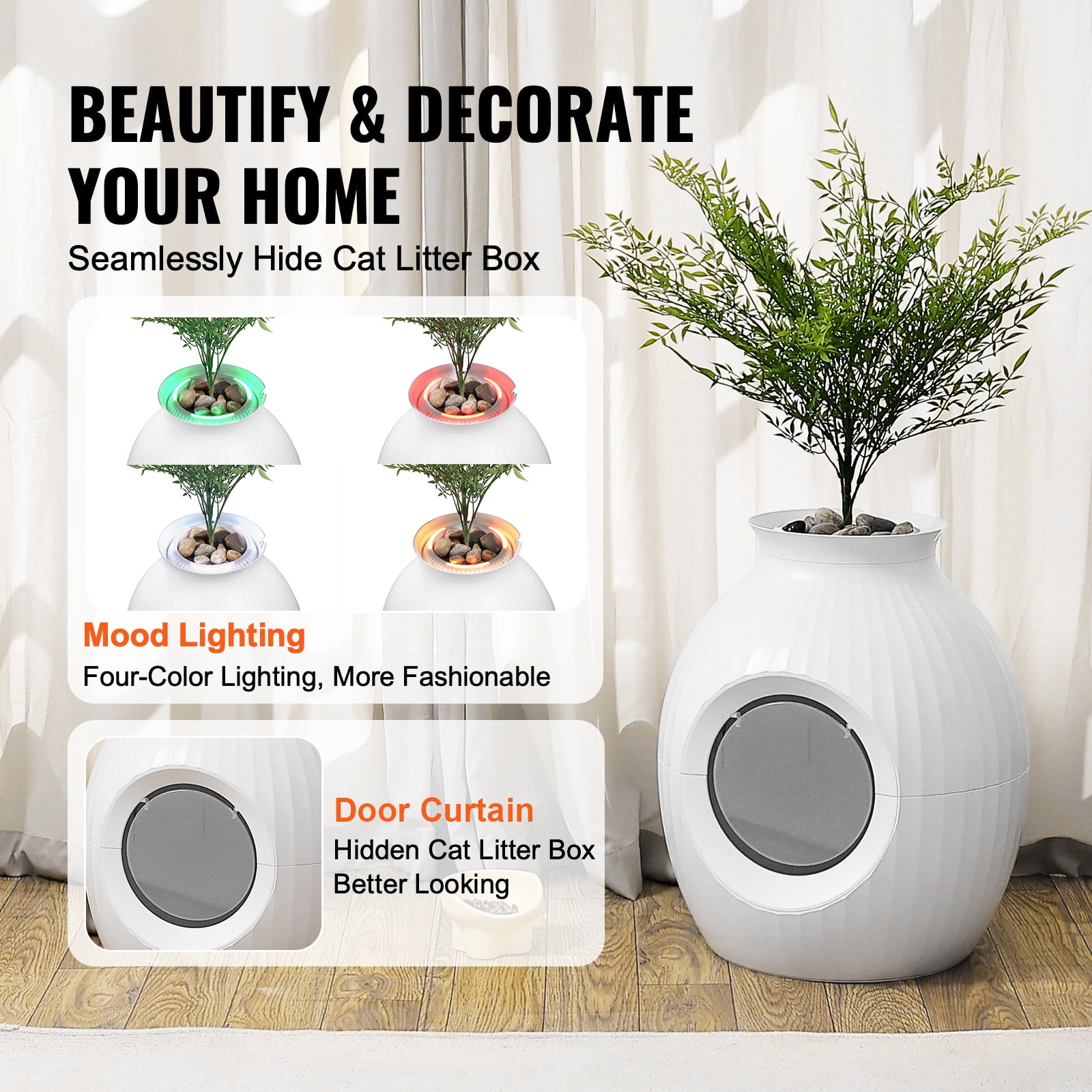 VEVOR Plant Cat Litter Box, Smart Odor Control System, Hidden Cat Litter Box with 9.48 in Large Entrance, Lighting Decoration & Sturdy ABS Material, Fit for Living Room/Corner/Outdoor Pool/Patio