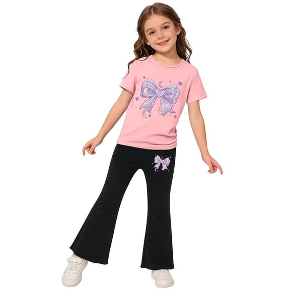 ZOYOEN Toddler Girls Outfits Set- Soft Comfortable Cute Shorts Sleeve T Shirts and Flare Pants Baby Summer Clothes Pink Size 4 T