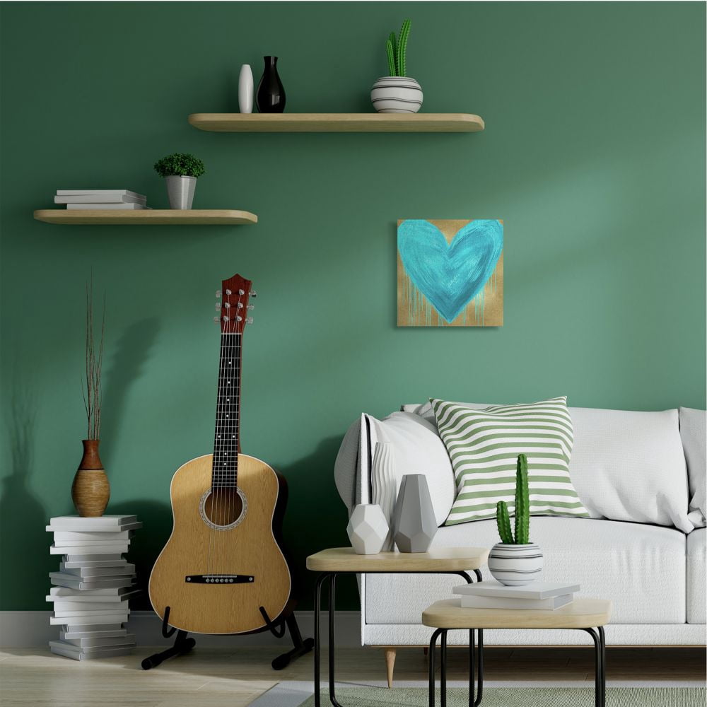 Blue Heart over Neutral Tan with Paint Drip Typography Gallery-Wrapped Canvas Print Wall Art, 17x17