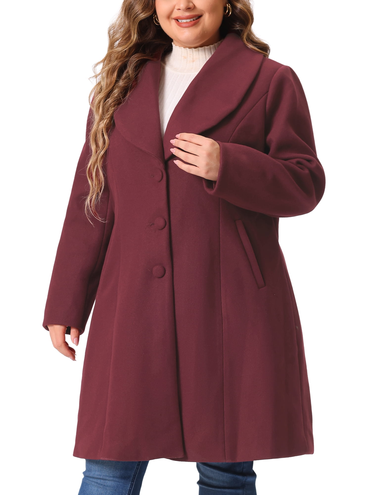 DARING DIVA Women's Plus Size Winter Outerwear Coat with Shawl Collar 3X Burgundy