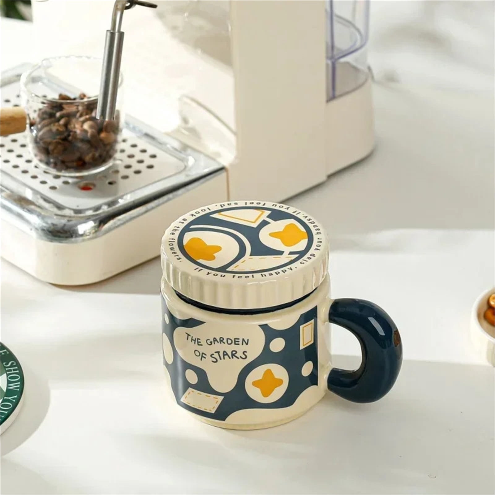 Espresso cup 400ML Ceramic Mug Checkerboard Flower Pattern Coffee Cup With