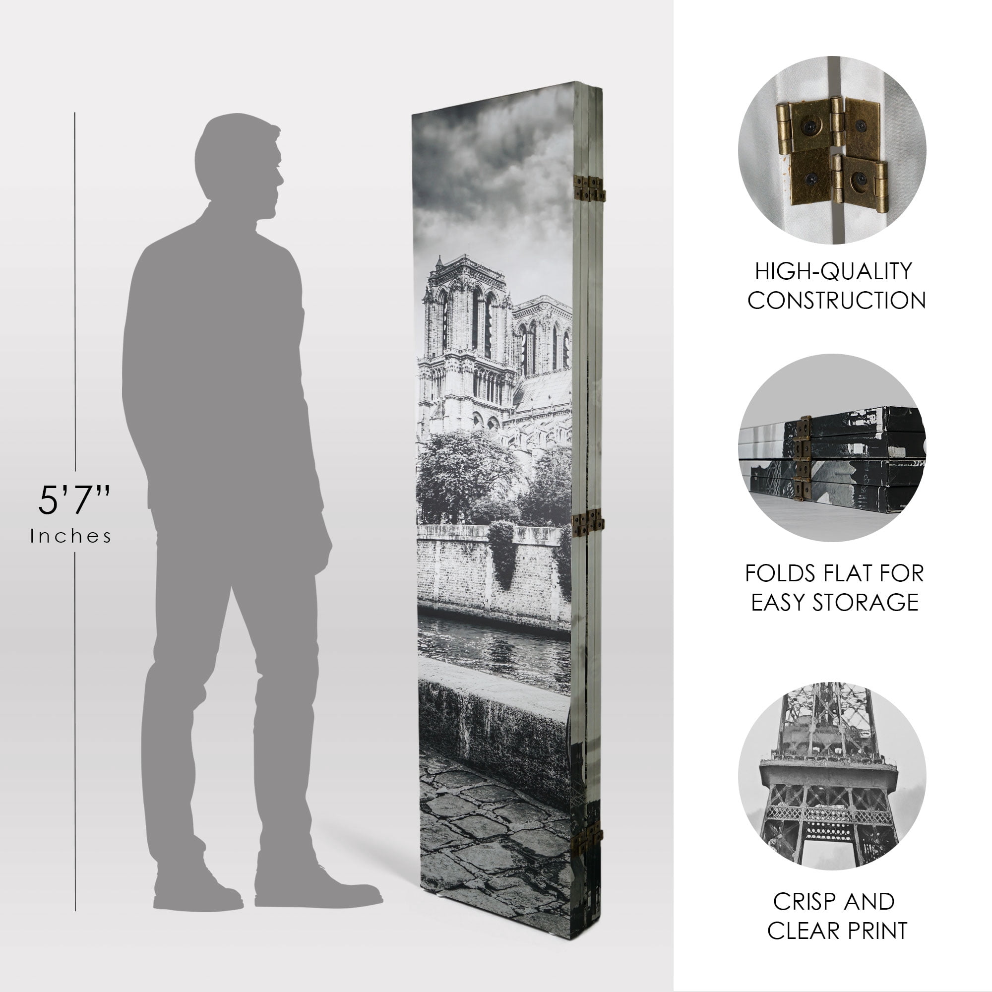 American Art Decor Double-Sided Eiffel Tower & Notre Dame Bike Black & White Canvas Room Divider Privacy Screen, 4 Panels, 70" H x 63" L x 1" D