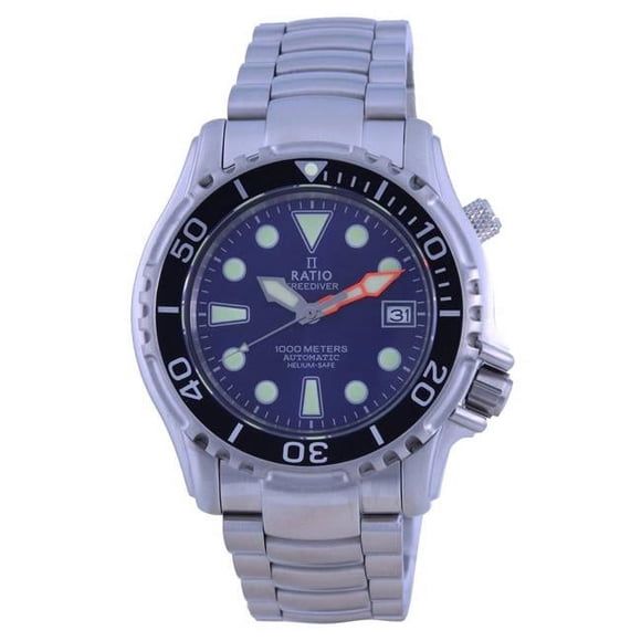 Ratio 1066KE26-33VA-BLU FreeDiver Hélium Sécuritaire 1000 m Cadran Bleu Acier Inoxydable Montre Automatique pour Homme, Noir