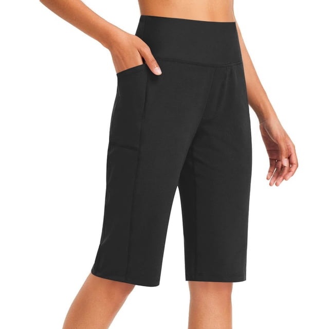 Pantalones de Yoga de Cintura Alta para las Mujeres Color Sólido Cadera Bolsillos Elásticos Medio Pantalones Cortos, Pantalones Deportivos de Fitness, Poliéster Toda la Temporada