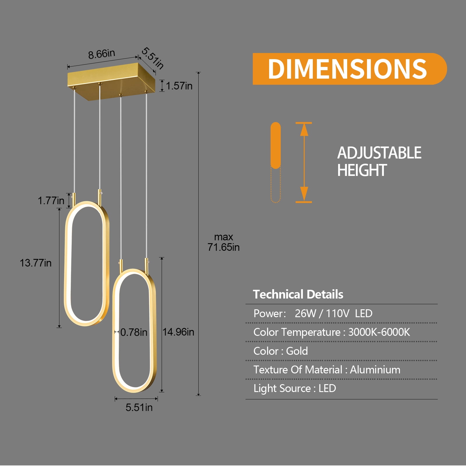 Gold Kitchen Pendant Light LED Oval Chandelier 2 Rings Pendant Light Fixture for Kitchen Island Dining Room Living Room Bedroom