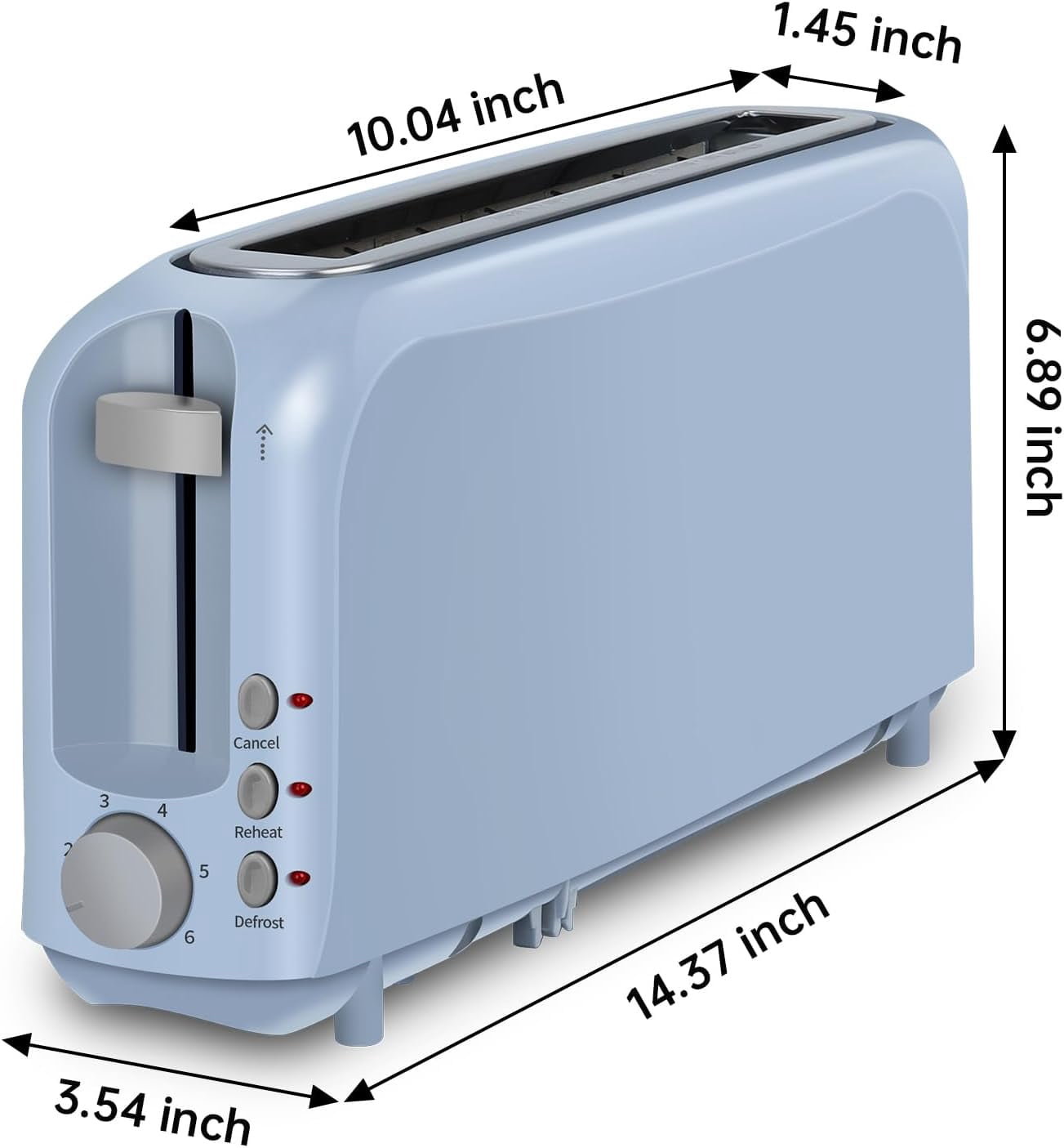 2-Slice Slim Toaster, 6 Shade Settings with Cancel, Reheat & Defrost, 10" Long Slot, Auto Shut off, Removable Crumb Tray, Blue