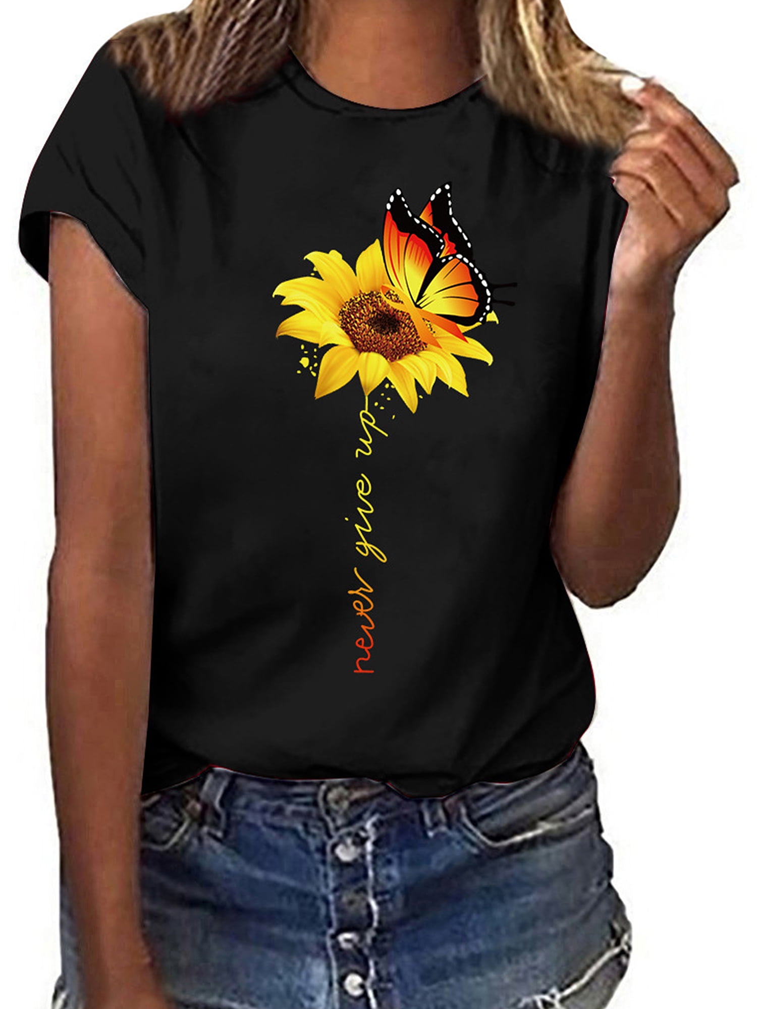 Nouveau T-Shirt pour Femmes un Petit Tournesol Manches Courtes Col Rond T-Shirt d'Été pour Dames Tee Blouse