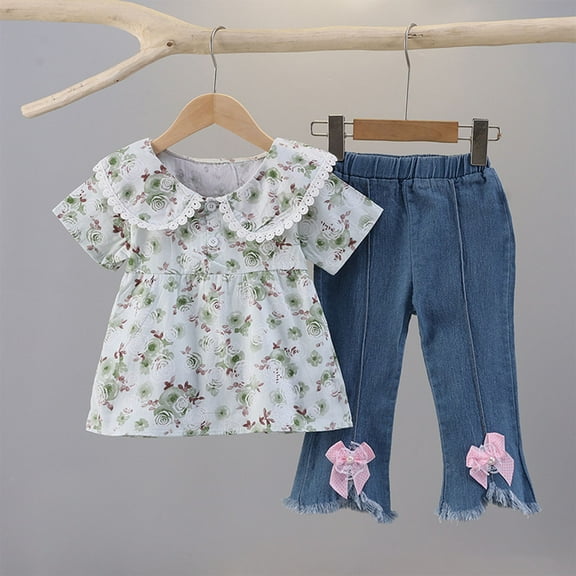 Zpanxa Girls 2 Piece Denim Pants Set Short Sleeve Peter Pan Collar Tops with Matching Relaxed Fit Long Jeans Floral Print Casual Comfy Outfits for Little Girls Daily Play