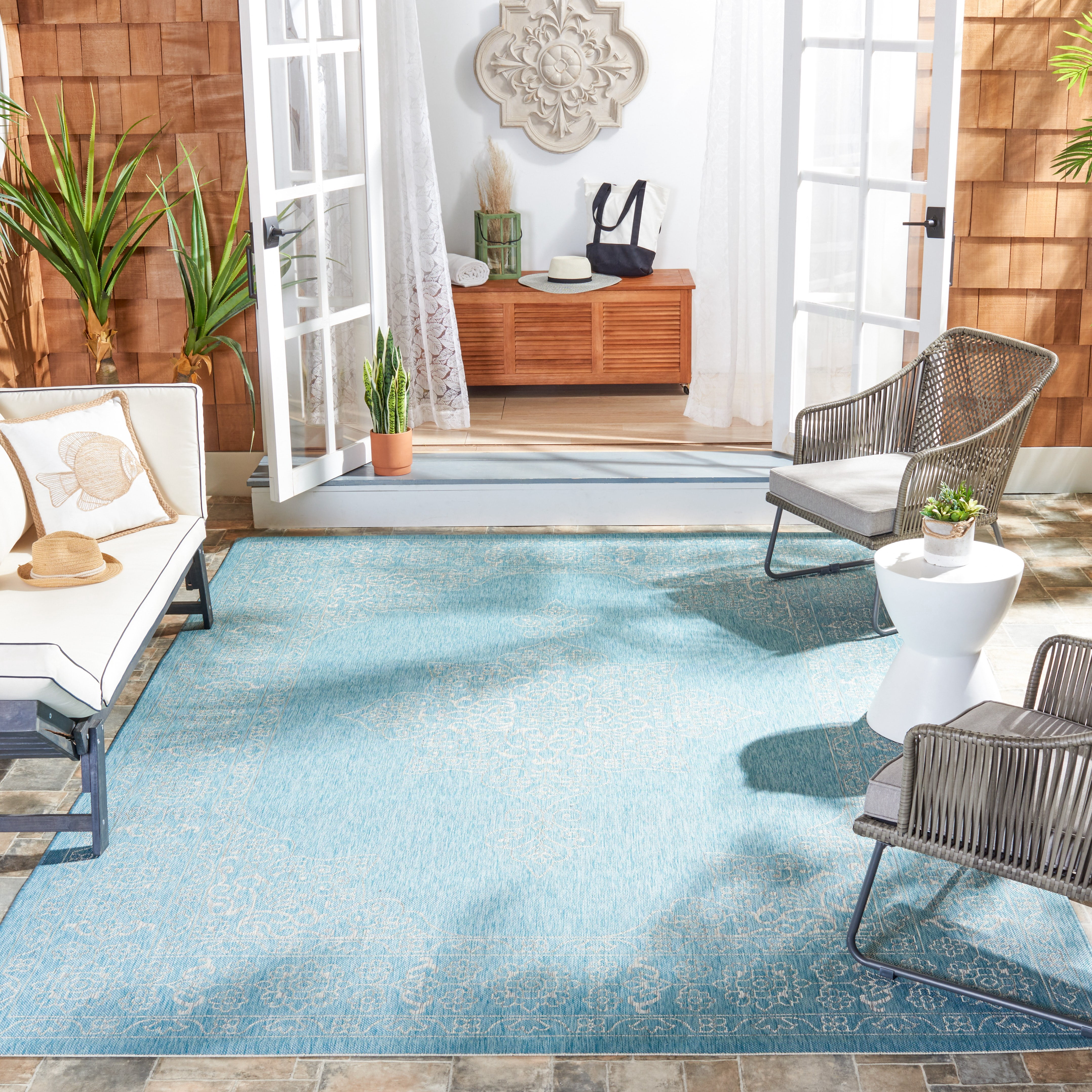 SAFAVIEH Courtyard Delbet Distressed Medallion Indoor/Outdoor Area Rug, 6'7" x 6'7" Square, Aqua/Grey