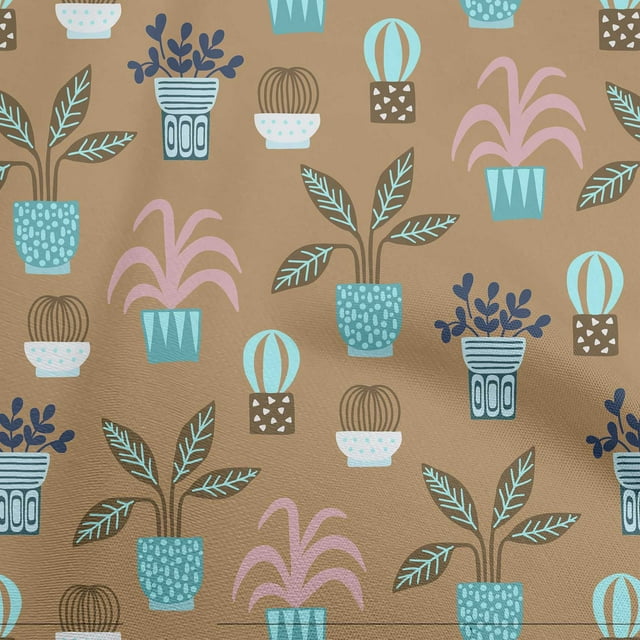 oneOone Polyester Spandex Brown Fabric Flower Pots Motif Sewing Material Print Fabric By The Yard 56 Inch Wide