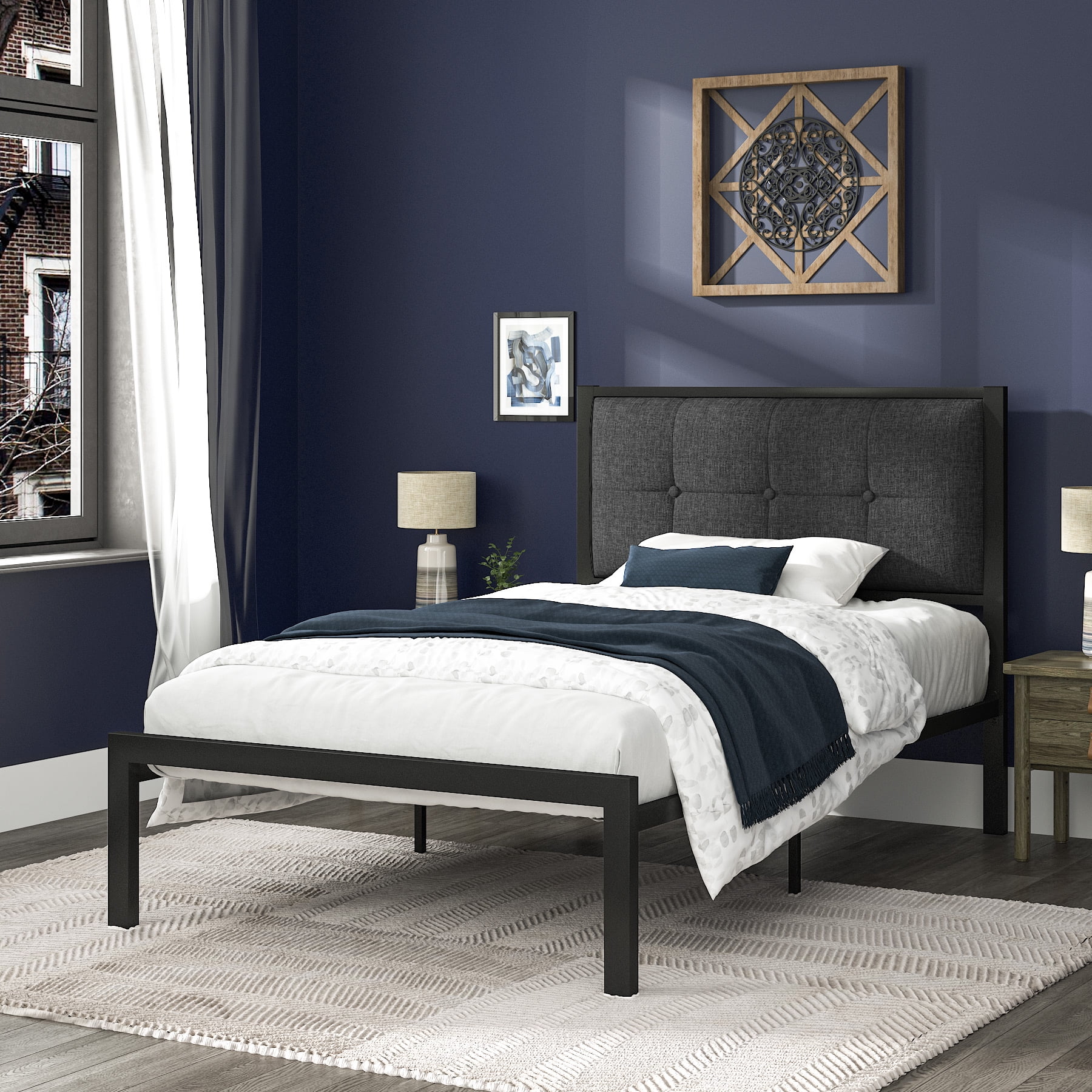 Allewie Twin Size Metal Platform Bed Frame with Linen Fabric Button Tufted Headboard, Under-Bed Storage, Grey