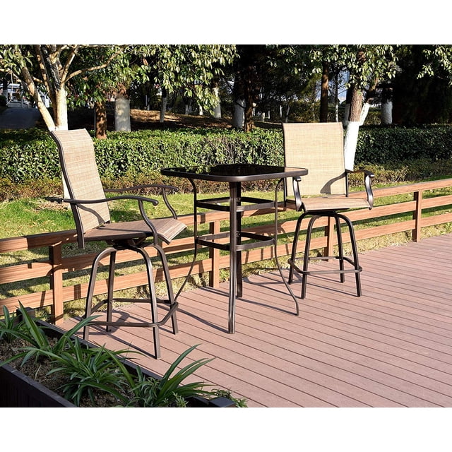 Zimtown Juegos de Bistró Giratorios para Patio, 2 Taburetes Altos de Bar y 1 Mesa de Cristal, Marrón