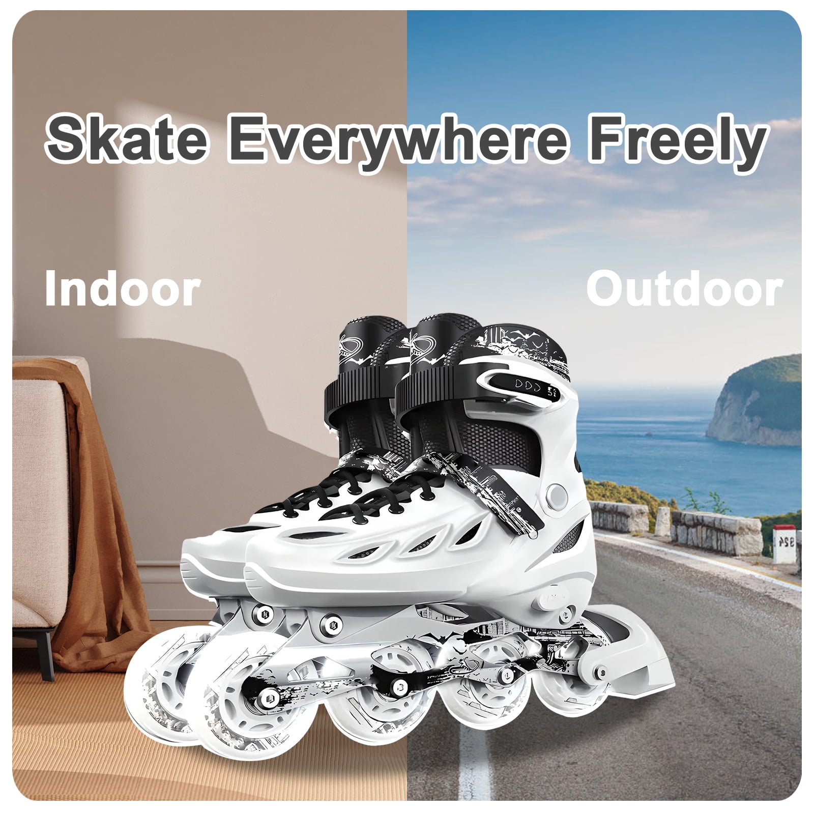 LPAMEOIU Youth Inline Skates with Light-Up-Wheel,Adjustable-Size Roller Skates for Girl Boy Teen(White,M)