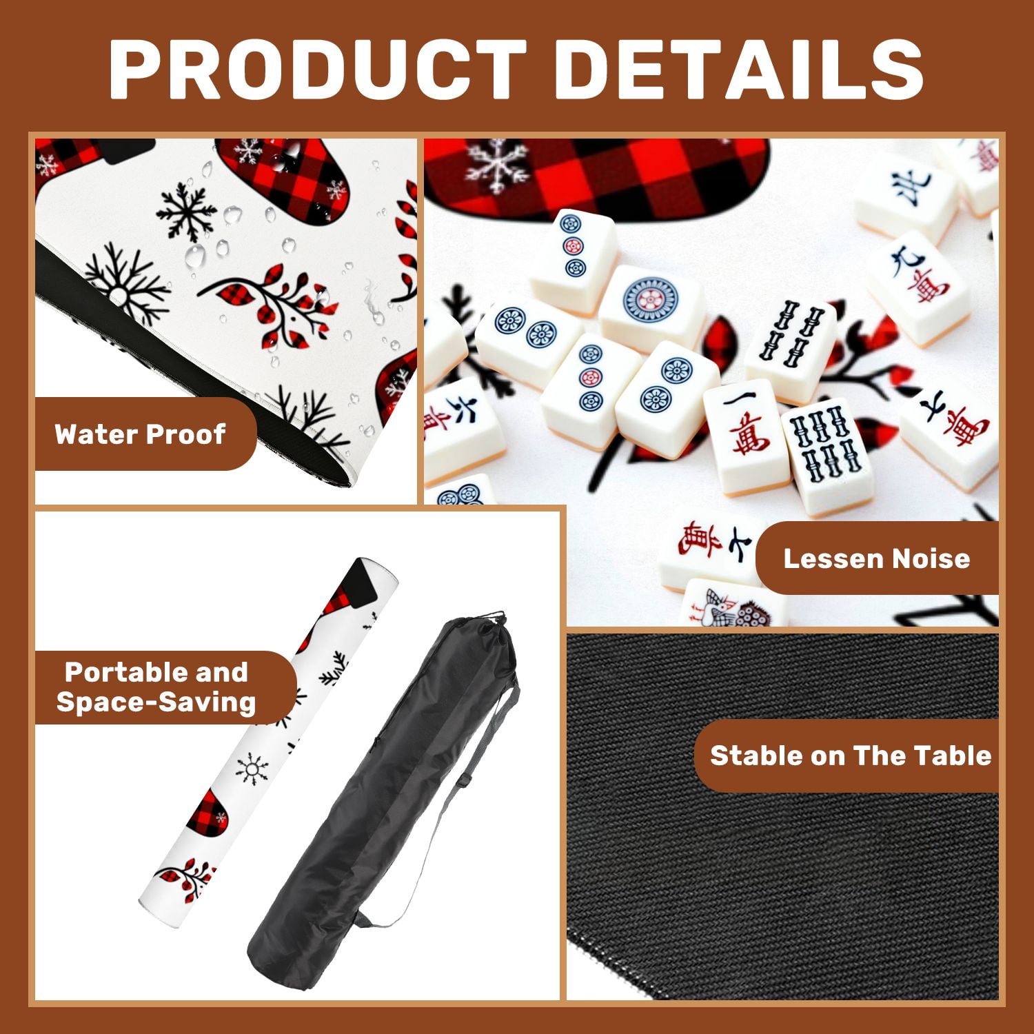 Mahjong Mat 31.5" x 31.5" Buffalo plaid Christmas stocking seamless Checkered socks snowflakes Non-Slip Noise Reduction American Mahjong Tiles Table Cover for Dominoes Poker Card Board Games Gift