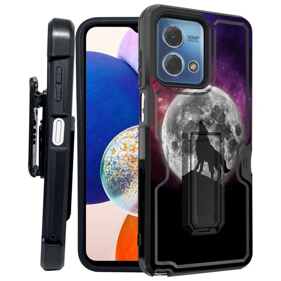 ANJ  Rugged Shockproof Kickstand Hybrid Case with Card Slot and Holster   Tempered Glass Cover for Motorola Moto G Stylus 5G (2023) - Galaxy Moon Howling Wolf