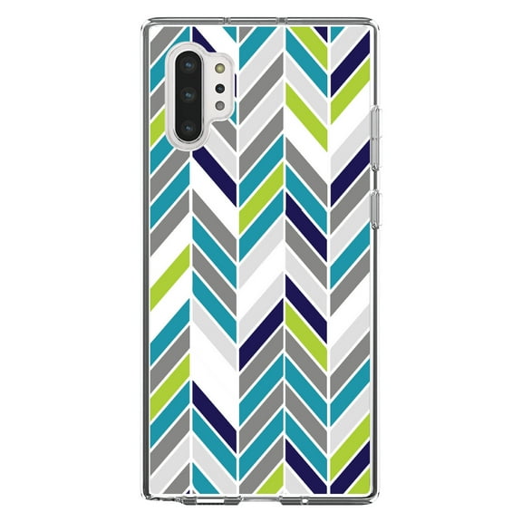 DistinctInk Clear Shockproof Hybrid Case for Galaxy Note 10 PLUS (6.8" Screen) - TPU Bumper, Acrylic Back, Tempered Glass Screen Protector - Teal Navy Grey Herringbone