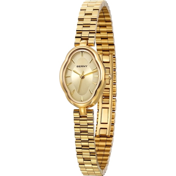 BERNY Small Gold Watches for Women, Dainty Luxury Irregular Oval Dial, Stainless Steel Bracelet Watch, Adjustment Tool Included, Waterproof, Minimalist Ladies Analog Quartz Wrist Watch (Gold)