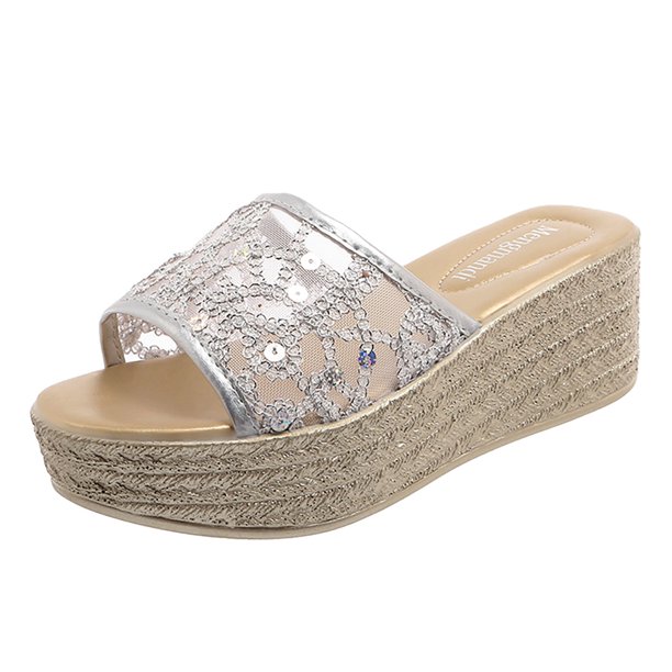 Bmisegm Ladies Fashion Thick Bottom Slope Heel Slippers Women Fish Mouth Mesh One Word Sandals Slippers Sandals Women Summer Silver 8.5