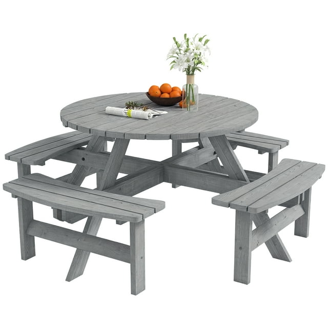 Outsunny Wooden Patio Dining Set, Outdoor Table and Benches Set, Grey