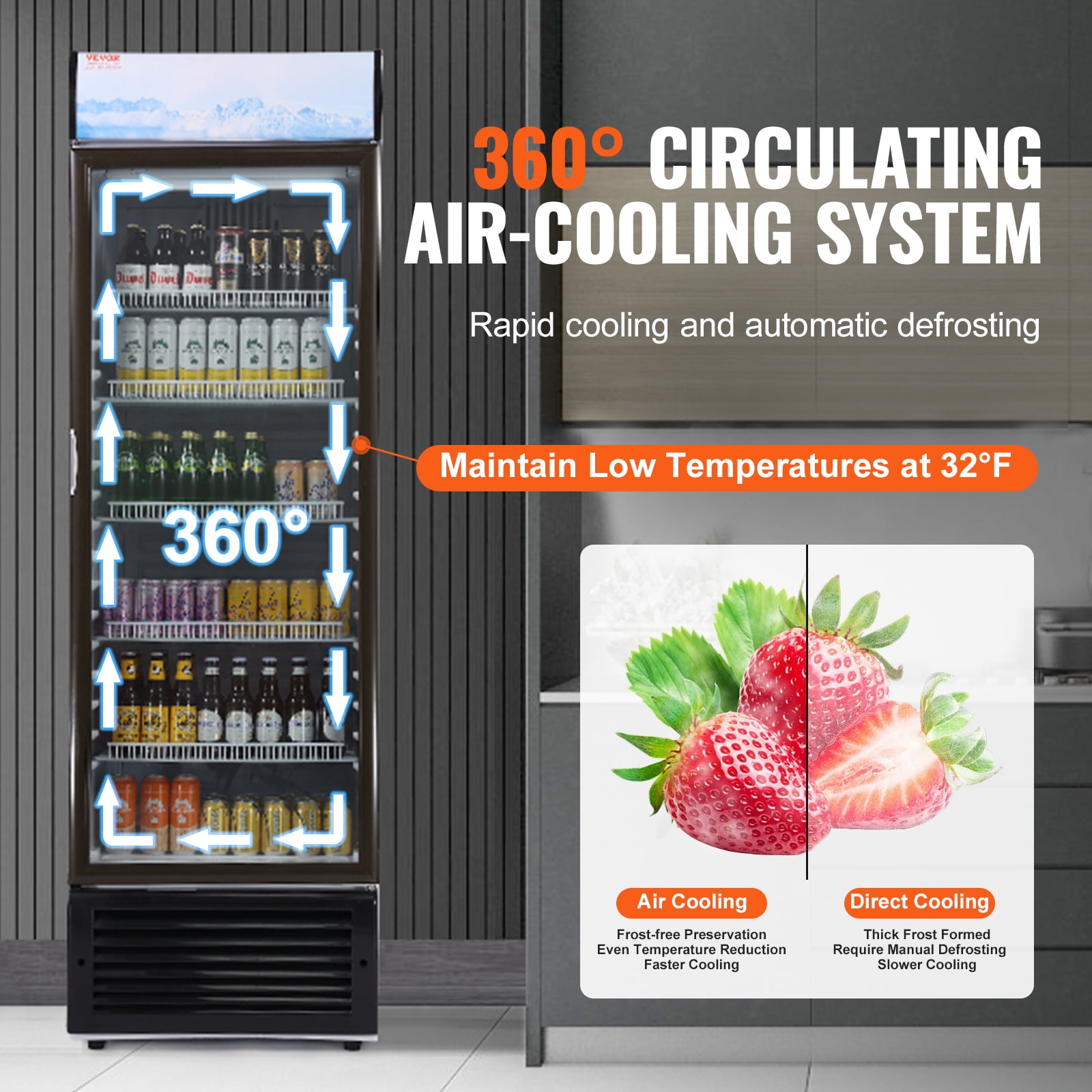 VEVOR Commercial Merchandiser Refrigerator,14.8 Cu.Ft / 420L Beverage Refrigerator Cooler Merchandiser,Glass Door Display Refrigerator Upright Fridge with 5 Adjustable Shelves,Customizable Lightbox