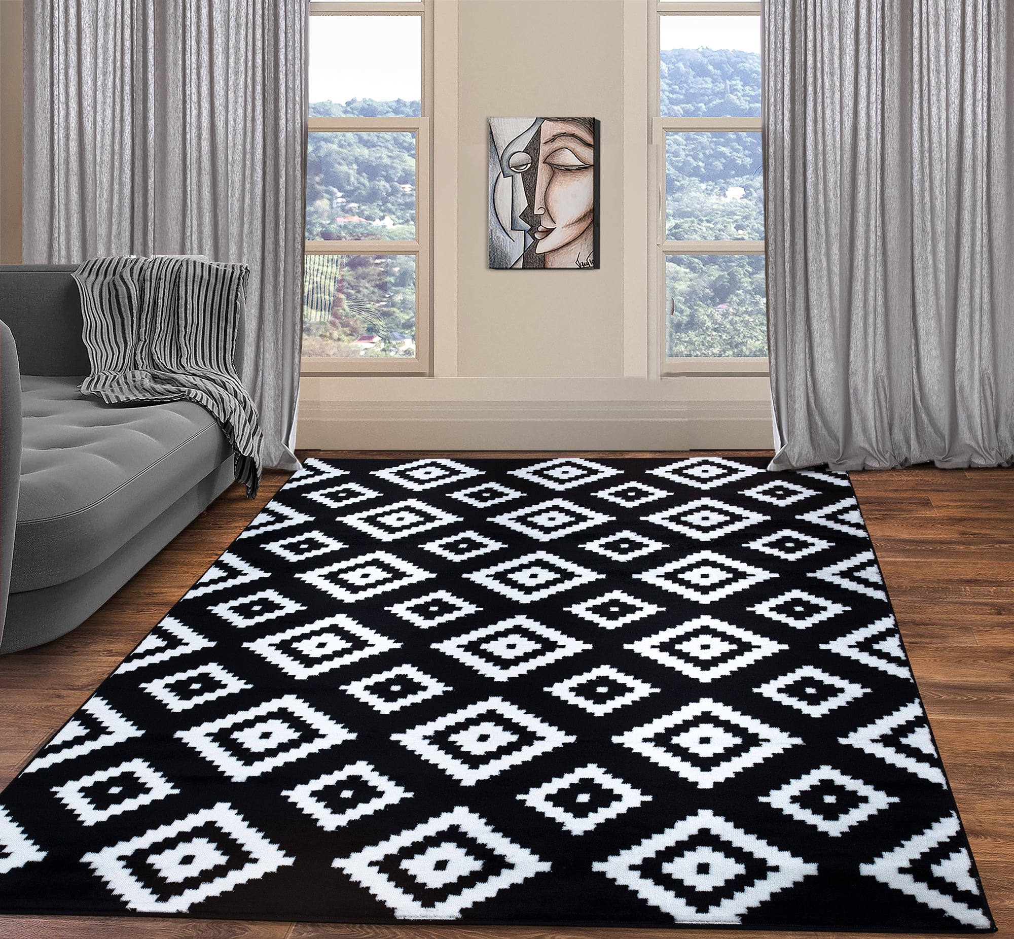 New Modern Geometric Grey Black White Rug Contemporary Large Carpet Soft Pile 