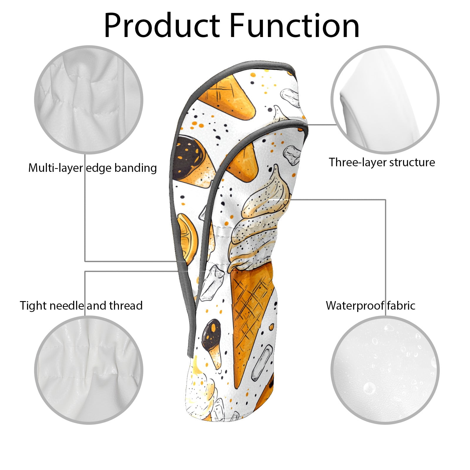 Golf Club Covers PU Leather Waterproof Head Covers for Fairway Woods Hybrids Yellow Ice Cream Pattern
