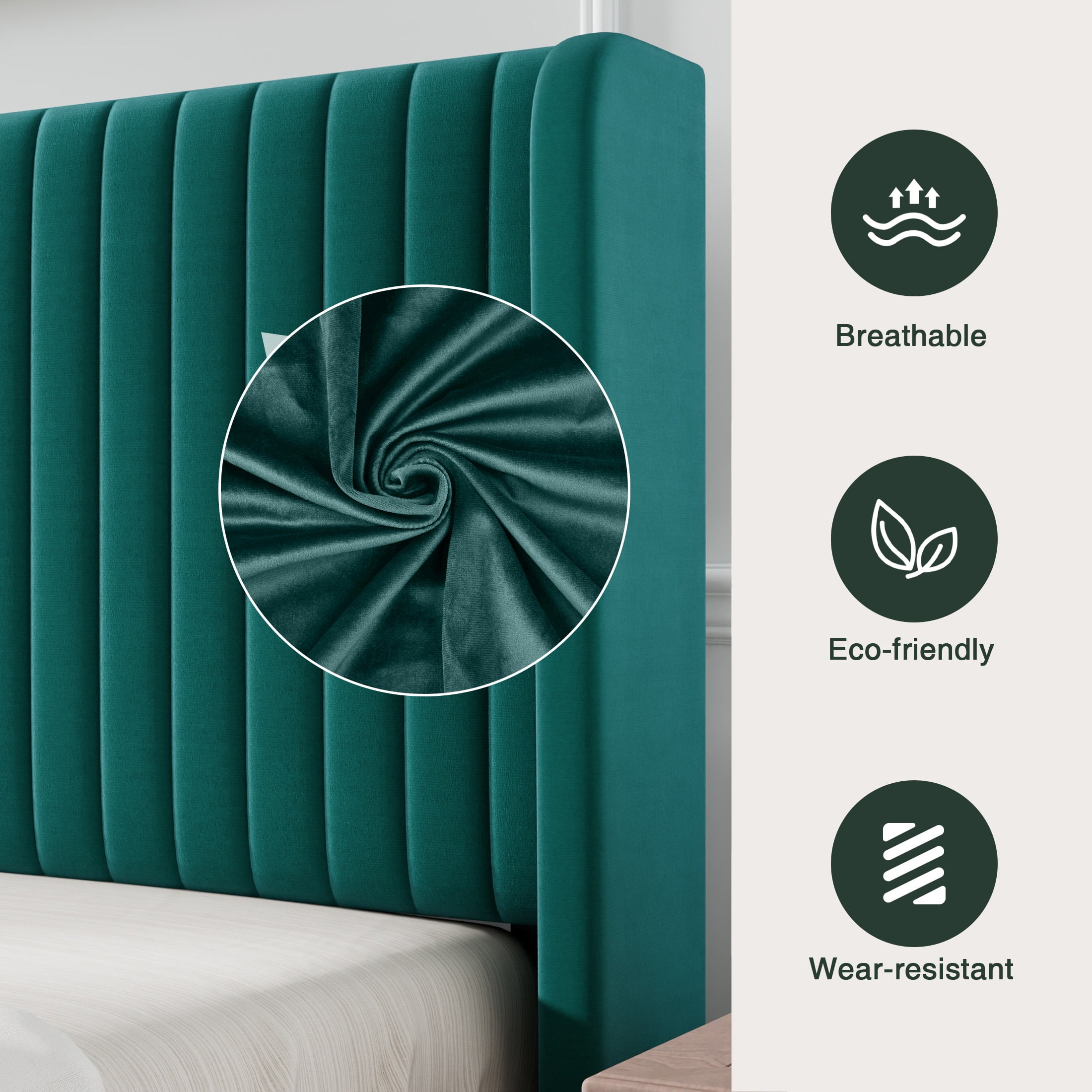 Amolife Velvet Wingback King Size Bed Frame, Upholstered with Vertical Stripes, Lake Blue  (图3) Amolife Velvet Wingback King Size Bed Frame, Upholstered with Vertical Stripes, Lake Blue  (图3)