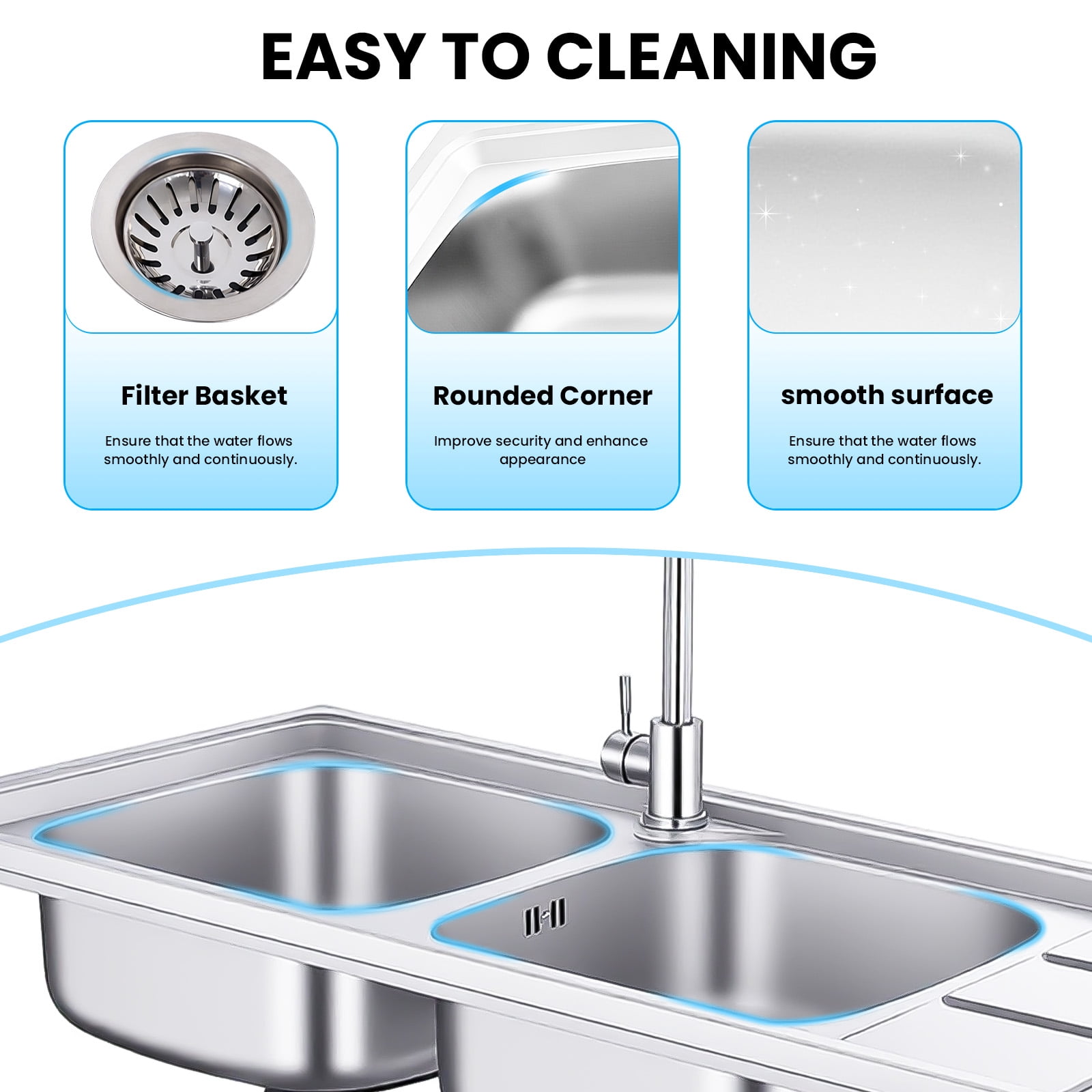Zhuotong47.2 Inch Heavy-Duty Double Bowl Sink Station, Free-Standing Stainless Steel Utility Sink with Worktop, Lower Storage Shelf and Faucet, for Kitchen, Restaurant, Laundry & Outdoor Use