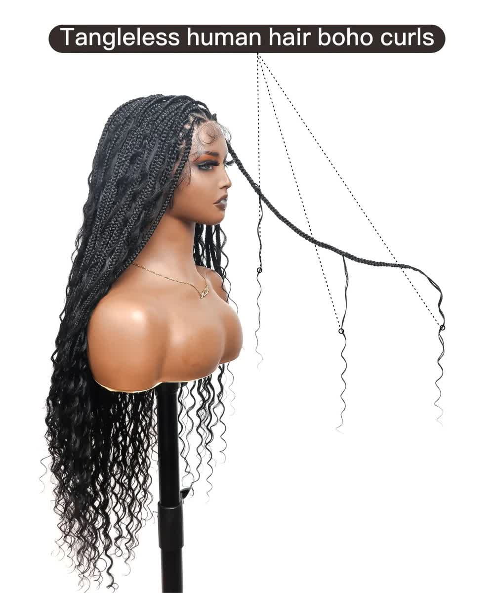 JALIZA Triangle Base Human Hair Boho Curls 36" HD Full Lace Knotless Boho Box Braided Wig Full Density 99 Strands