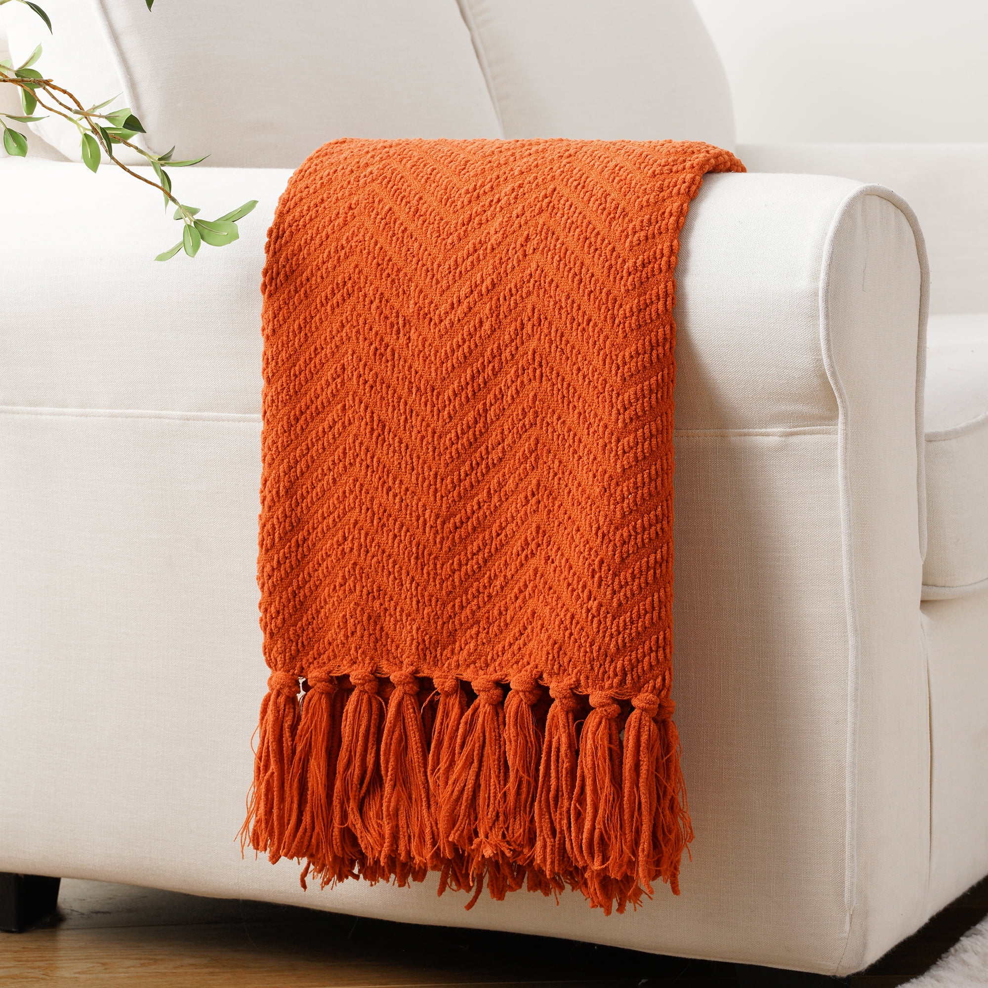 Battilo Burnt Orange Throw Blanket KnitHerringbone Blanket