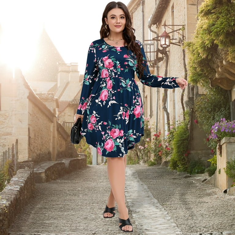 plus size navy blue casual dress Stylish Plus Size Solid Color V-Neck Long Sleeve Casual Dress for Effo   Canary Houze