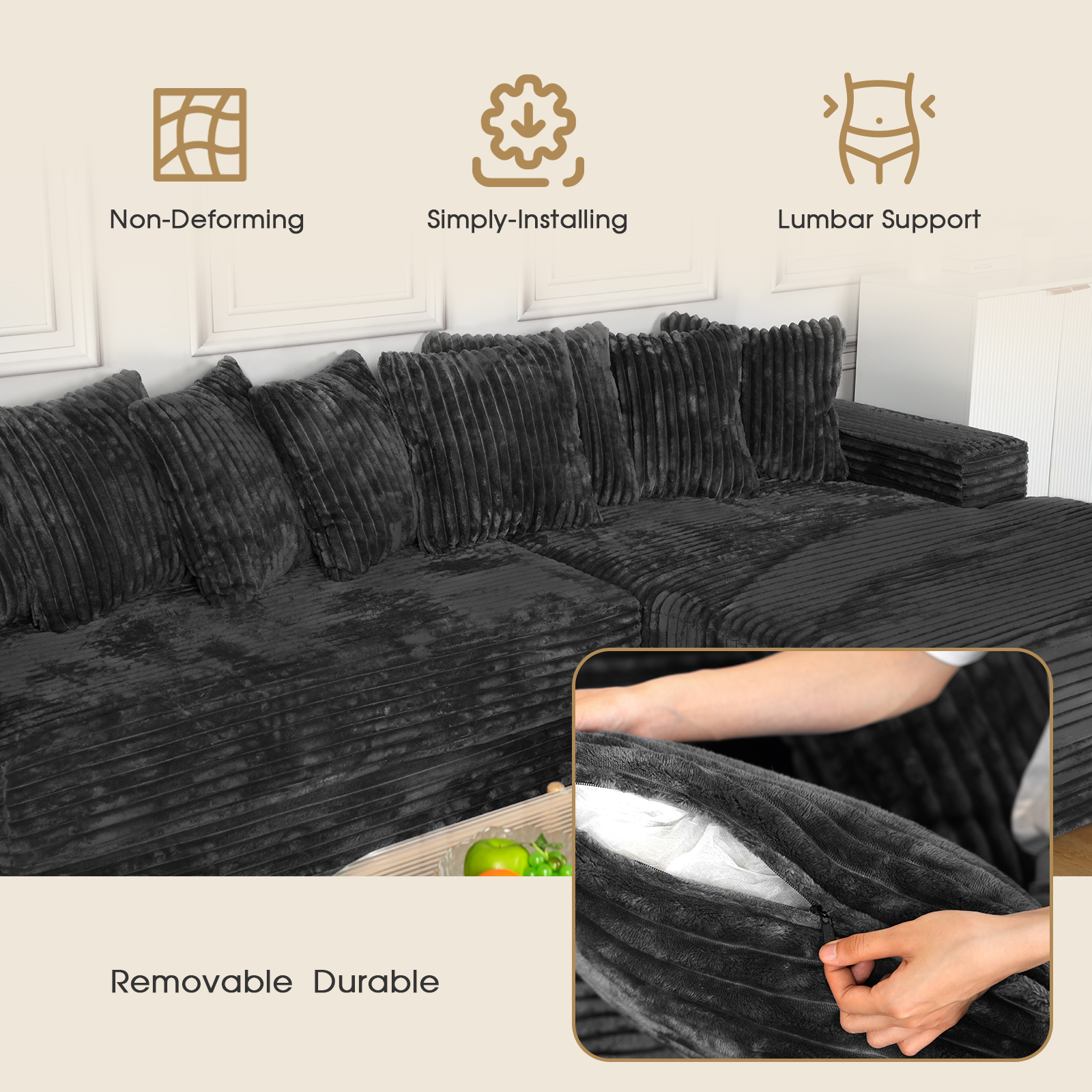 Advwin 110" Oversized L Shaped Sofa with Chaise, Comfy Plush 2-Piece L-Shaped Sectional Couches with 8 Pillows, Soft Fluffy Upholstered Sofa Bed for Living Room Apartment Bedroom, Black