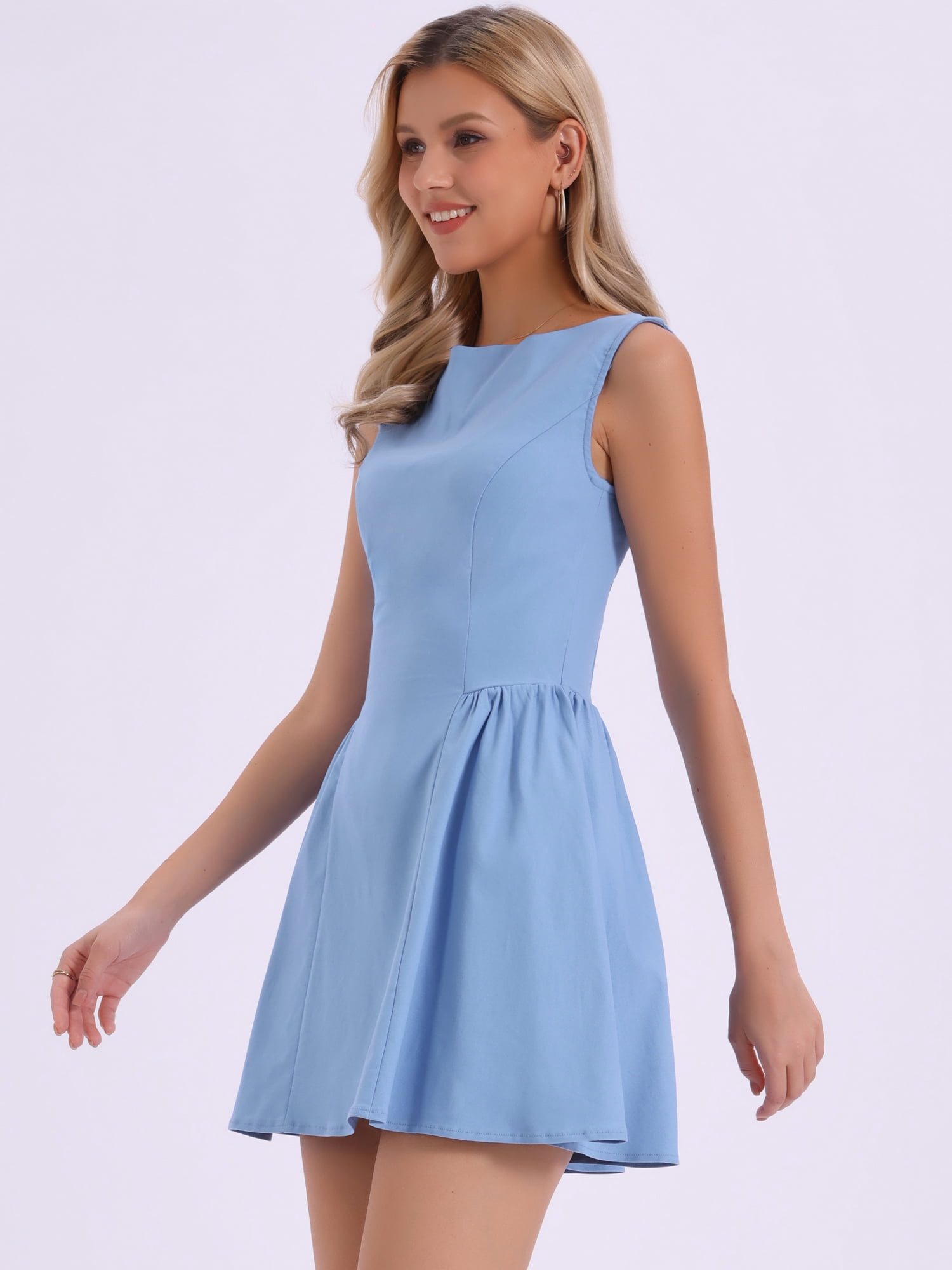 DARING DIVA Women's Sleeveless Boat Neck A Line Office Work Dress S Blue
