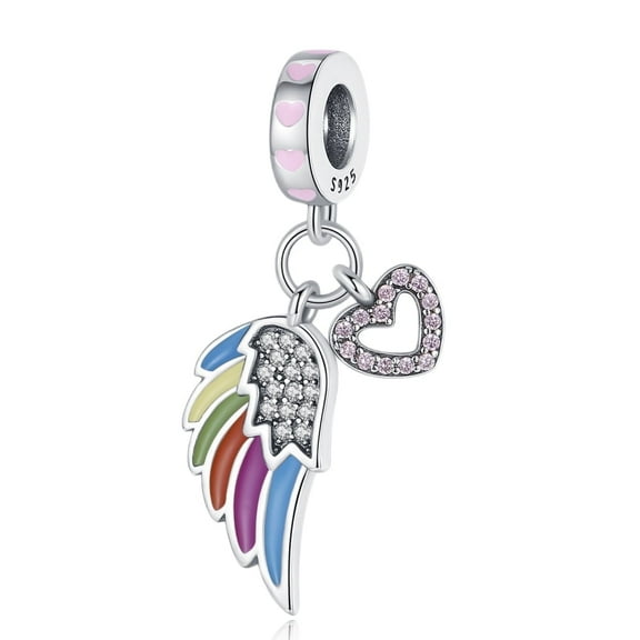 Enamel Angelwing & Heart Double S925 Dangle Charm for Women Bracelet & Necklace Pendant