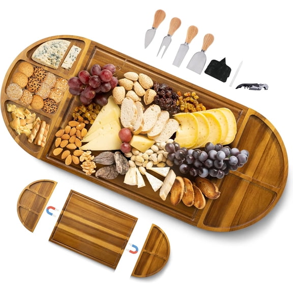 Extra Large Charcuterie Boards, 30'' x 13'' Acacia Cheese Board 3 Part Magnetic Long & Round Boards with Knive Set, Wine Opener & Cheese Marker, Unique Serving Tray for Birthda
