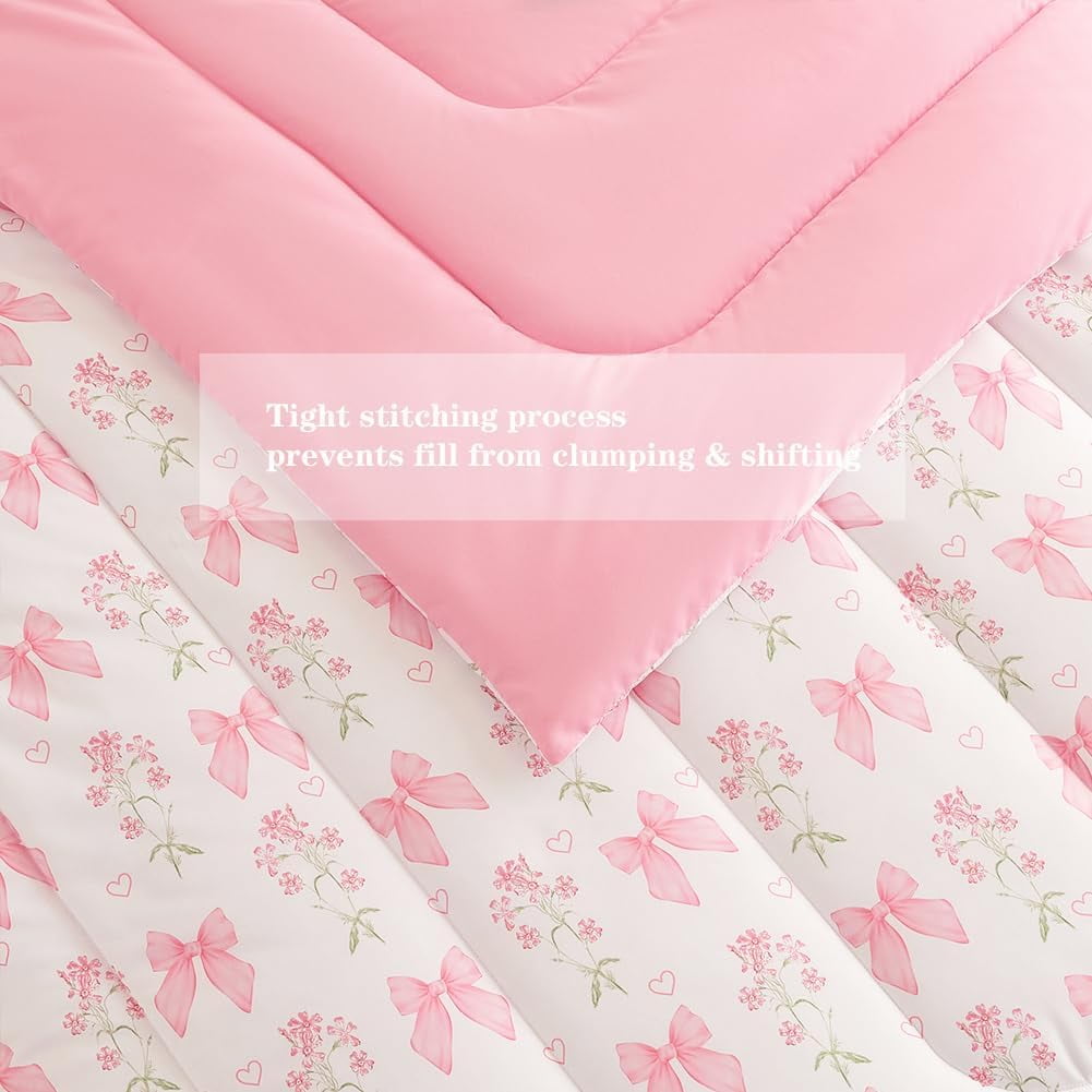 JOLUSERE Pink Bowknot Girls Comforter Set Twin Size, 3 Pieces Bows Princess Style Bedding Set for Girls for All Season