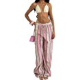 thumbnail image 3 of Women's Striped Elastic Waist Drawstring Loose Wide Leg Floor Length Casual Pants Orange Pink Striped S, 3 of 10
