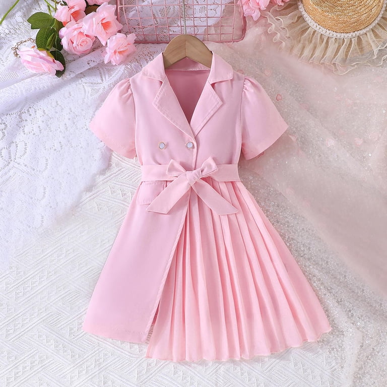 USNSM Girls Solid Color Fashion Dress Chiffon Tie Belt Suit Bubble Sleeve  Short Sleeve Lapel Dress with Belt Pink 6 Years - Walmart.com
