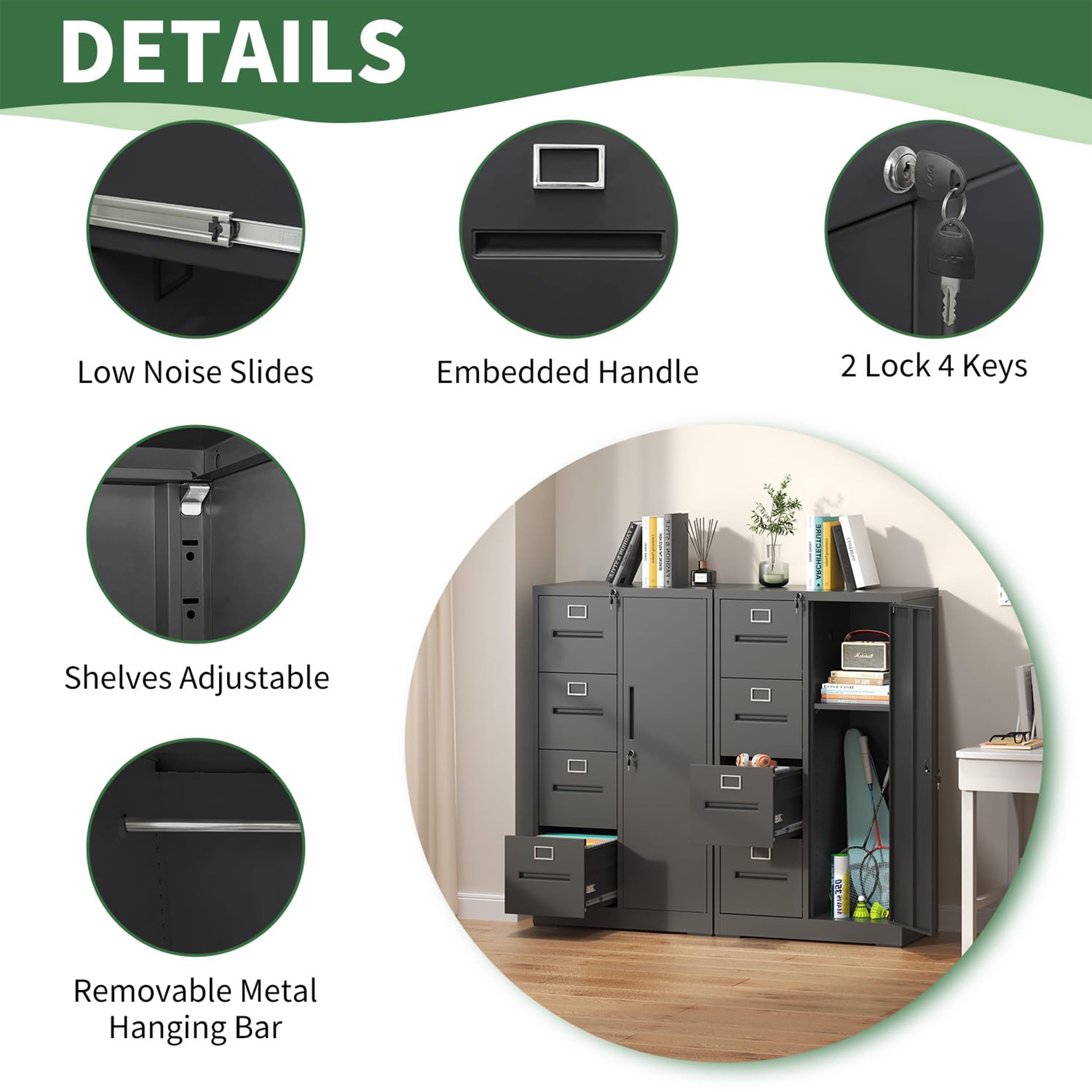 Innovation Works Lockable Metal File Cabinet with 4 Drawers & 1 Door, Storage Filing Cabinet for Home Office, A4 Legal/Letter Size, Assembly Required